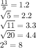 \frac{11}{9}  = 1.2 \\  \sqrt{5}  = 2.2 \\  \sqrt{11 }  = 3.3 \\  \sqrt{20}  = 4.4 \\  {2}^{3}  = 8