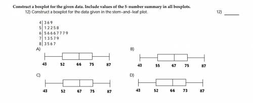 Construct a boxplot for the data given in the stem-and-leaf plot. I know it's not A or D. Don't sen