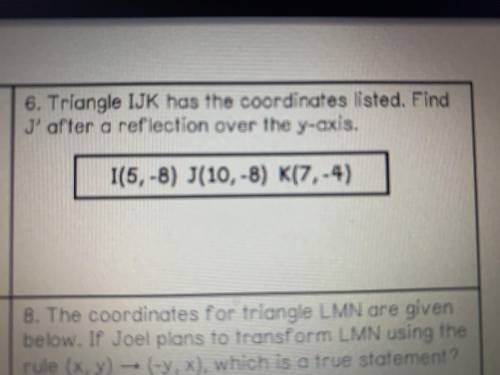 Triangle IJK has the coordinates listed. Find J’ after a reflection over the y-axis.