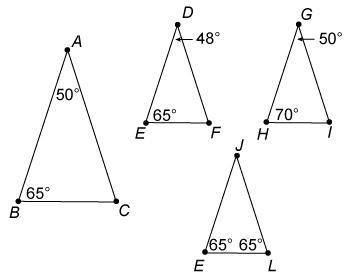 Can someone please help!

Which triangle is ​△ABC​ similar to and why?
1.) △ABC is similar to △DEF