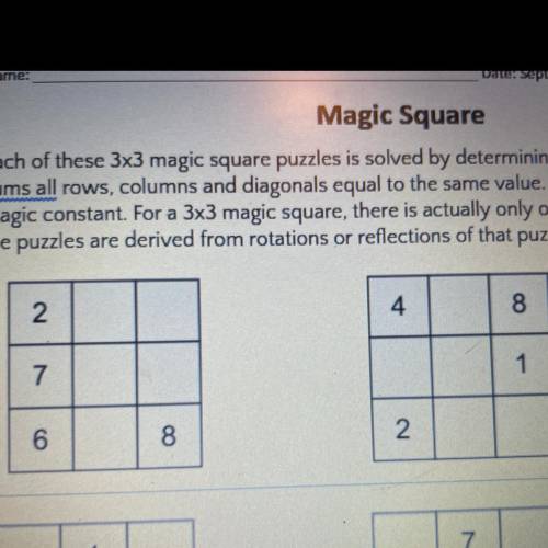 Magic Square

Each of these 3x3 magic square puzzles is solved by determining the values that make