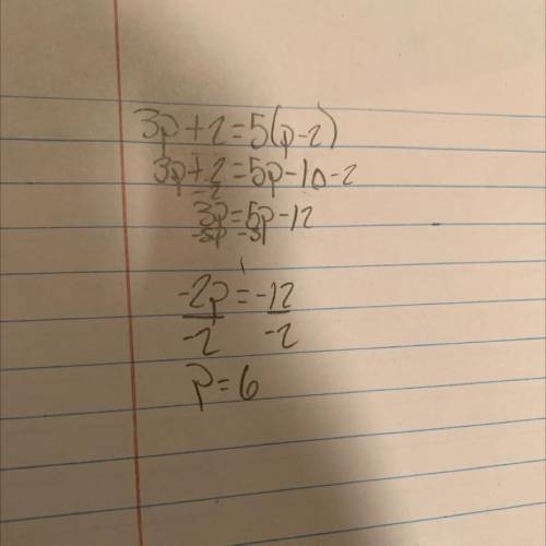 Given that 3p+2=5(p-2),calculate the value of p