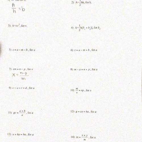 Algebra geometry literal equations practice

Can someone please help me find all the answers? This