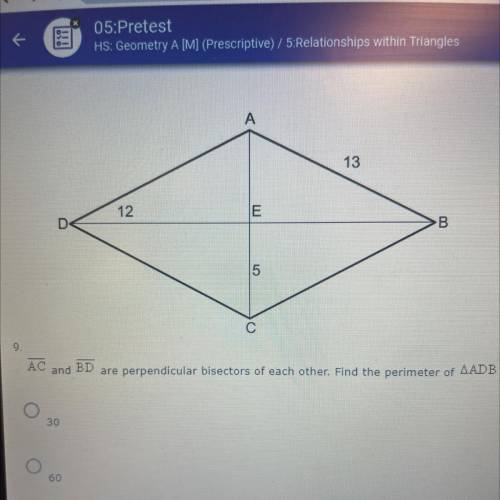 AC
and
BD
are perpendicular bisectors of each other. Find the perimeter of angle ADB.