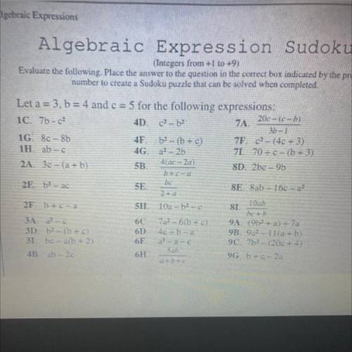 Algebraic Expressions

Algebra
Algebraic Expression Sudoku
(Integers from 1 to +9)
Evaluate the fo