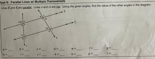 Task 9: Parallel Lines w/ Multiple Transversals

Lines l1 and l2 are parallel Lines n and m are no
