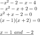 -  {x}^{2}  - 2 = x - 4 \\  -  {x}^{2}  - x + 2 = 0 \\  {x}^{2}  + x - 2 = 0 \\ (x - 1)(x + 2) = 0 \\  \\ { \underline{x  = 1 \:  \: and \:  \:  - 2}}