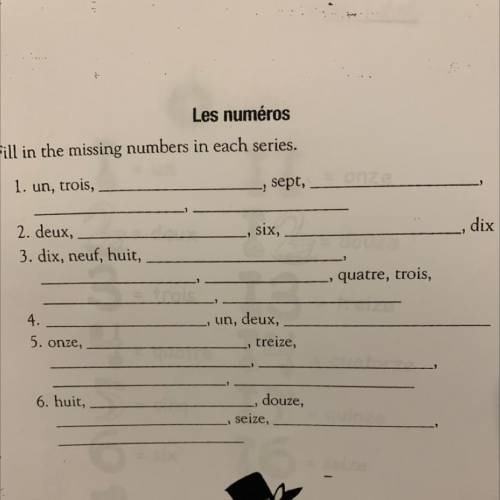 Les numéros

Fill in the missing numbers in each series.
sept,
1. un, 
trois,
dix
»
six,
2. deux,