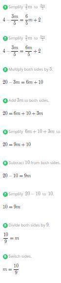 Solve for m. 4 - 3/5m = 6/5m + 2