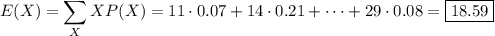 E(X) = \displaystyle\sum_X XP(X) = 11\cdot0.07 + 14\cdot0.21 + \cdots + 29\cdot0.08 = \boxed{18.59}