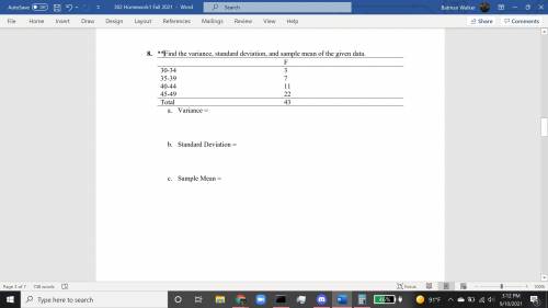 Find the variance, standard deviation, and sample mean of the given data