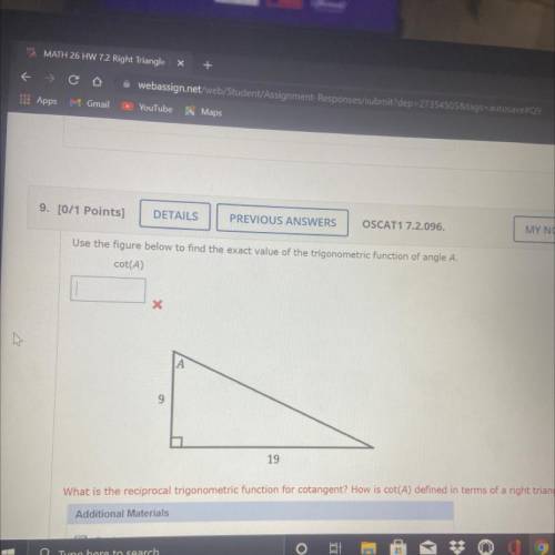 DETAILS

Use the figure below to find the exact value of the trigonometric function of angle A 
Co