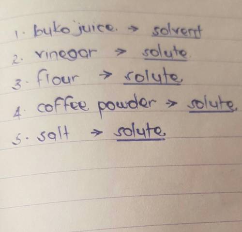 III. Classify each substance as solute or solvent. 1. buko juice 2. vinegar 3. flour 4. coffee powde