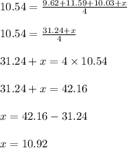10.54 =  \frac{9.62 + 11.59 + 10.03 + x}{4}  \\  \\ 10.54 =  \frac{31.24 + x}{4}  \\  \\ 31.24 + x = 4 \times 10.54 \\  \\ 31.24 + x = 42.16 \\  \\ x = 42.16 - 31.24 \\  \\ x = 10.92