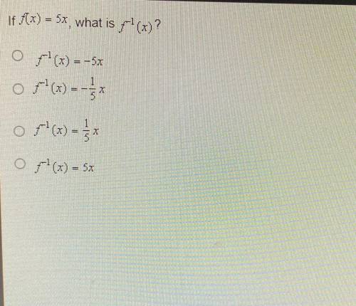 If f(x) = 5x, what is f^-1(x)?
Need help pls