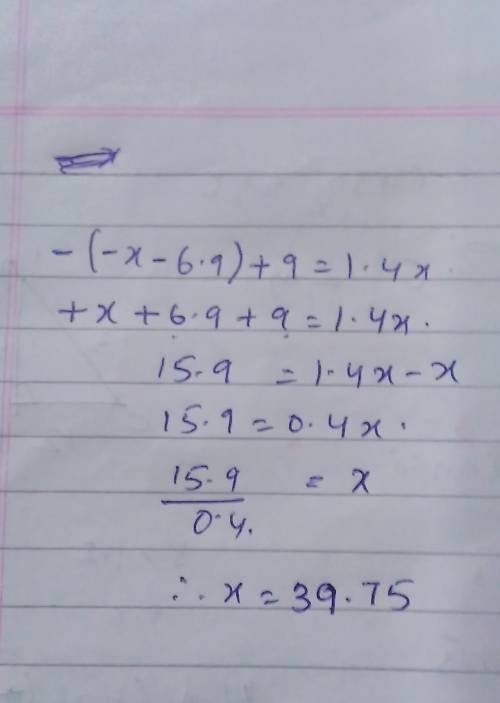 Please urgent! will give brainliest!!!
Solve for x:
-(-x-6.9)+9=1.4x
