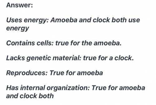 Classify each characteristic according to whether it is true for an amoeba, a clock, or both.