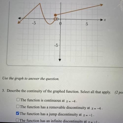 Describe the continuity of the graphed function. Select all that apply.

The function is continuou