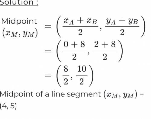 Find the coordinates of the midpoint of the segment.

MN with endpoints M (6, 10) and N( −2, −4)
Th