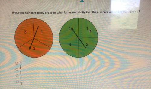 If the two spinners below are spun, what is the probability that the numbers will add to more than