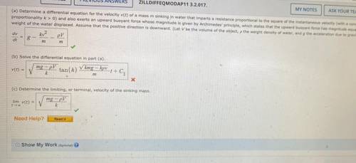 (a) Determine a differential equation for the velocity v(t) of a mass m sinking in water that impar