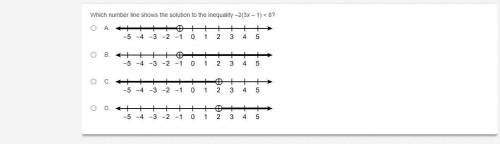 Which number line shows the solution to the inequality –2(3x – 1) < 8?

Correct answer gets bra