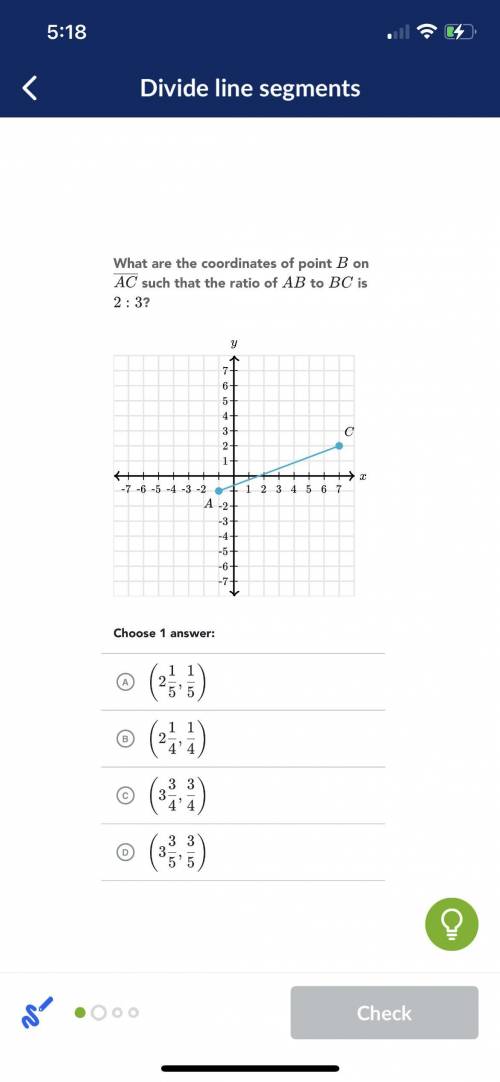 What are the coordinates of point B on AC such that the ratio of AB to BC is 2:3