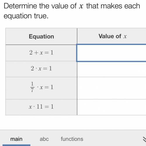 Determine the value of x that makes each equation true.

Equation
Value of $$x
$$2+x=1
$$2·x=1
$$