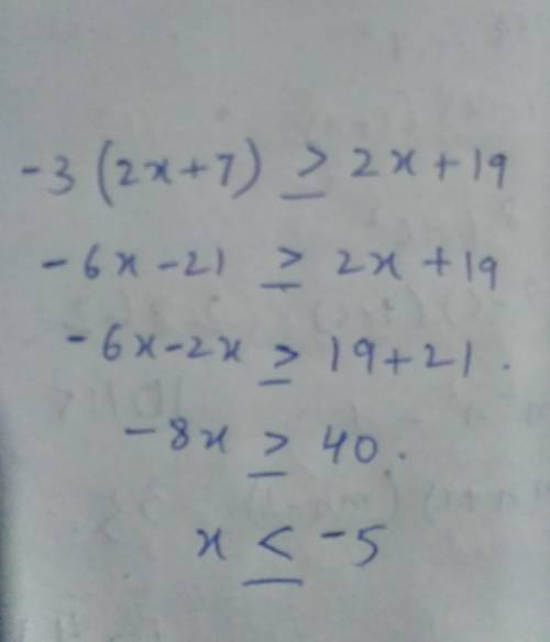 -3(2x + 7)≥ 2x + 19
plz help