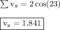 { \rm{ \sum v _{x} = 2 \cos(23 \degree)  }} \\  \\ { \boxed{ \rm{ v_{x}  = 1.841}}}