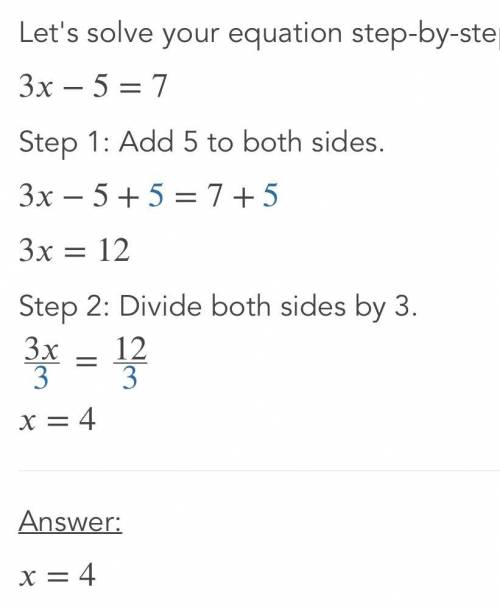 How to solve 3x-5=7 step by step
