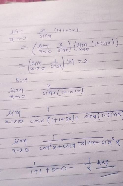 Lim x-0 of function sinx/x(1+cosx) anyone there please answer me​