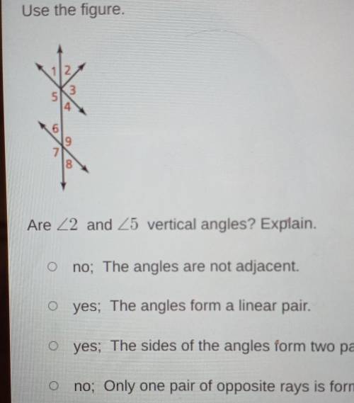 Are <2 and <5 vertical angles? Explain

A. no; The angles are not adjacent. B. yes; The angl