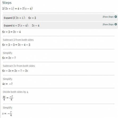 Identify the steps followed to solve the equation 3(2x+1)=5=4+2(x−4)