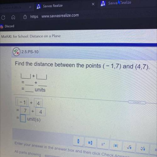 Find the distance between the points (-1,7) and (4,7).
What is the distance tho tell me