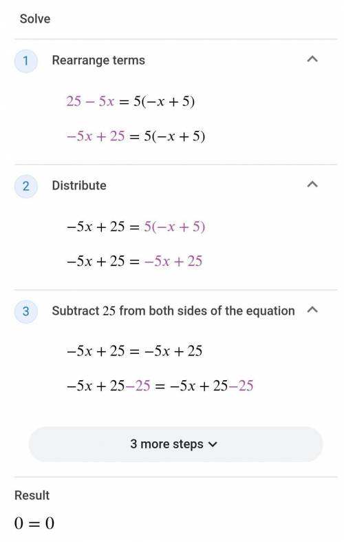 What is the complete solution to the following
equation?
ew
25 - 5x = 5(-x+5)