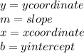 y = ycoordinate\\m = slope\\x = x coordinate\\b = y intercept