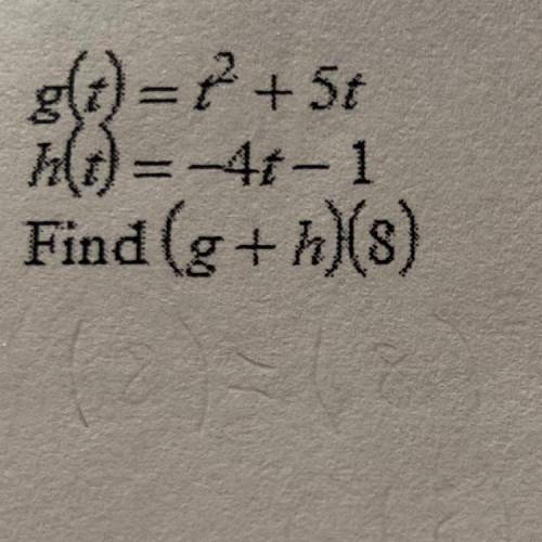 G(t)=r^2+5t
h(t)=-4t-1
Find (g+h)(8)
Please explain how to do this