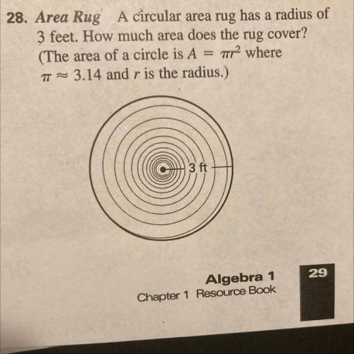 28. Area Rug' A circular area rug has a radius of

3 feet. How much area does the rug
cover?
(The