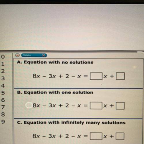 Cette

A. Equation with no solutions
8x
- Ізх
+ 2 - X =
x+ O
B. Equation with one solution
8x
3x +