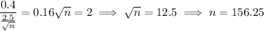 \dfrac{0.4}{\frac{2.5}{\sqrt{n}}} = 0.16\sqrt n = 2 \implies \sqrt n = 12.5 \implies n = 156.25
