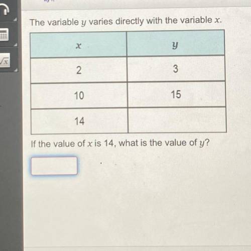 The variable y varies directly with the variable x.

CO ,5
X
y
2
3
10
15
14
If the value of x is 1