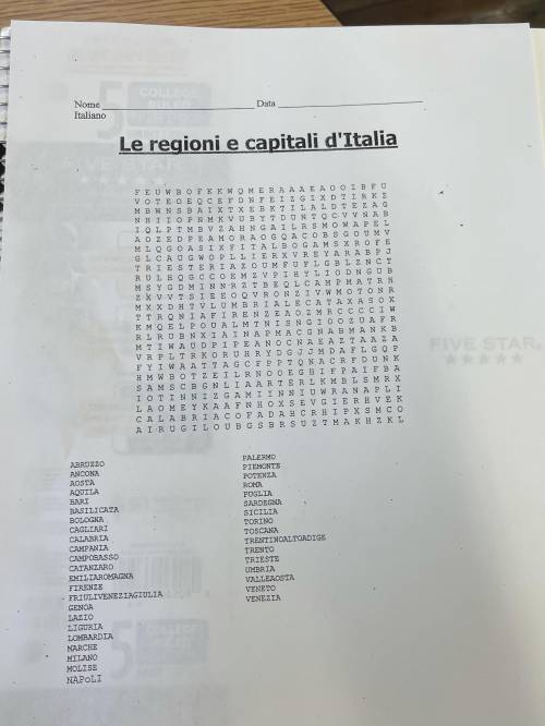 GIVE 30 POINTS HELP ME FAST PLEASE GIVE 30 POINTS

Le regioni e capitali d’Italia
Find all names t