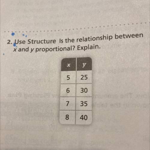 .

2. Use Structure is the relationship between
x and y proportional? Explain.
х
у
5
25
6
30
7
35