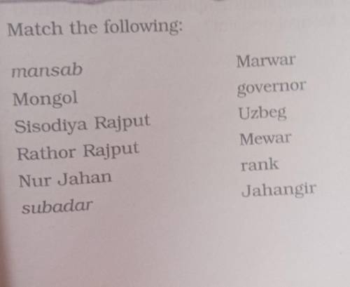1. Match the following: mansab Marwar Mongol Sisodiya Rajput Rathor Rajput Nur Jahan subadar which?