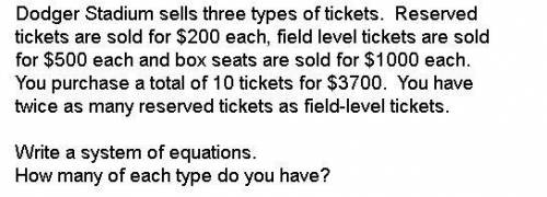 Dodger Stadium sells three types of tickets. Reserved tickets are sold for $200 each, field level t