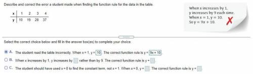 Describe and correct the error a student made when finding the function rule for the data in the ta
