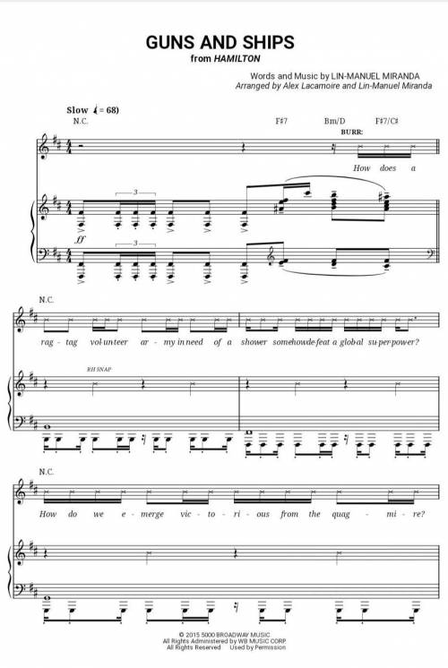 Piano sheet music for the Alexander Hamilton song “Guns and Ships”