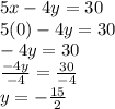 5x -4y = 30 \\ 5(0) -4y = 30 \\ -4y= 30 \\ \frac{-4y}{-4} = \frac{30}{-4} \\ y = -\frac{15}{2}