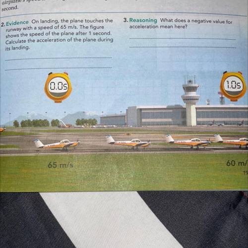 On landing, the plane touches the runway with a speed of 65 m/s. The figure shows the speed of 65 m
